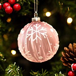 Frosted Pink & White Glitter Snowflake Glass Bauble