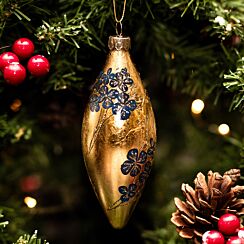 Gold with Blue Flowers Glass Teardrop Tree Decoration