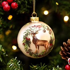 Stag with Christmas Wreath Pale Gold Glass Bauble