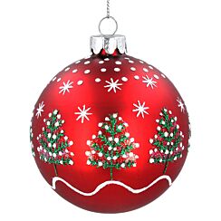 Matt Red with Christmas Trees & Stars Glass Bauble