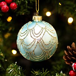 Turquoise with Gold Glitter Swags Glass Bauble