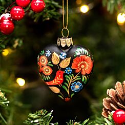 Folk Floral Glass Heart Tree Decoration