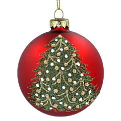 Matt Red With Green Beaded Tree Glass Bauble