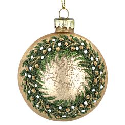 Gold With Green Beaded Wreath Glass Bauble