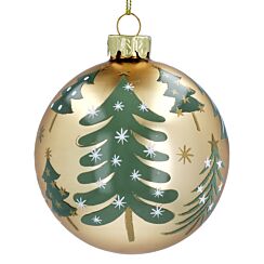 Matt Gold With Green Trees Glass Bauble