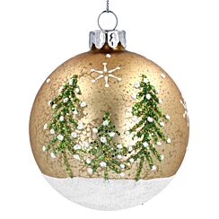 Mottled Gold With Sparkling Green Trees Glass Bauble