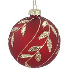 Matt Red With Gold Sparkling Leaf Glass Bauble