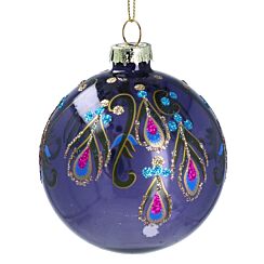 Purple With Pink & Blue Peacock Feathers Glass Bauble