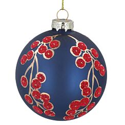 Matt Blue With Red Beaded Berries Glass Bauble