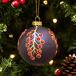 Matte Blue With Red Beaded Berries Glass Bauble