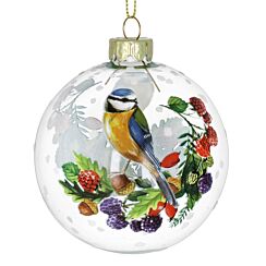 Clear With Blue Tit & Fruit Glass Bauble