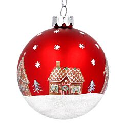 Matt Red With Gingerbread House Glass Bauble