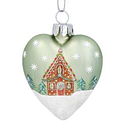 Glass Matt Pale Green Heart With Gingerbread House Tree Decoration