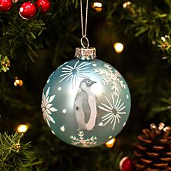 Matt Pale Blue With Penguin Glass Bauble