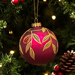 Matt Cerise With Beaded Fruits & Leaves Glass Bauble