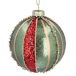 Antique With Green & Red Beaded Stripe Glass Bauble