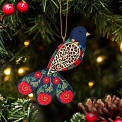 Assorted Folk Floral Fantail Bird Wooden Tree Decoration