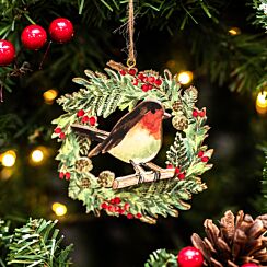 Robin On Wreath Wooden Tree Decoration