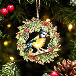 Bluetit On Wreath Wooden Tree Decoration