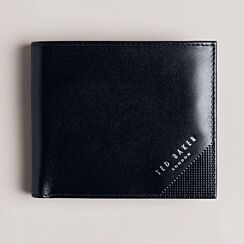PRUGS Navy Embossed Corner Leather Bifold Coin Wallet