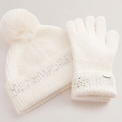 KERIIS Cream Rhinestone Detail Knitted Hat And Gloves Set