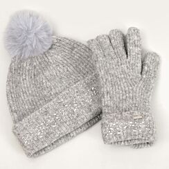 KERIIS Grey Rhinestone Detail Knitted Hat And Gloves Set