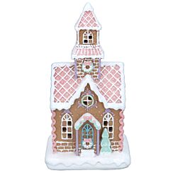 Medium Pastel Iced Gingerbread House with Tower LED Light Up Ornament