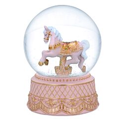 Large Pink & Gold Rocking Horse Musical Snow Globe Decoration