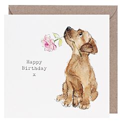 Puppy With Flower Square Birthday Card