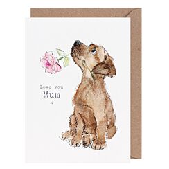 ‘Love You Mum’ Puppy With Pink Flower Greetings Card