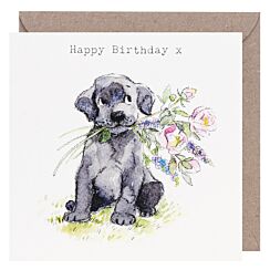 Black Lab with Flowers Square Birthday Card