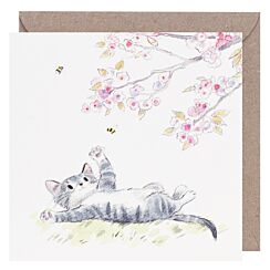 Tabby Cat with Cherry Blossom Square Greetings Card