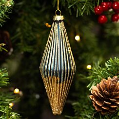 Blue And Gold Ribbed Glass Teardrop Tree Decoration