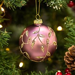 Mauve With Gold Embossed Leaves Glass Bauble