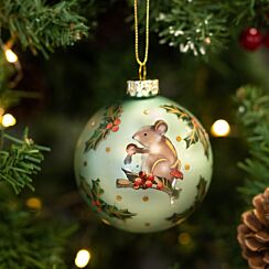 Green Mouse and Holly Glass Bauble
