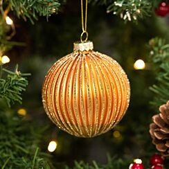 Two Tone Amber And Gold Ribbed Glass Bauble