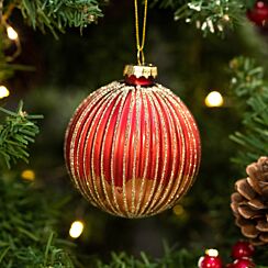 Two Tone Cherry Red And Gold Ribbed Glass Bauble