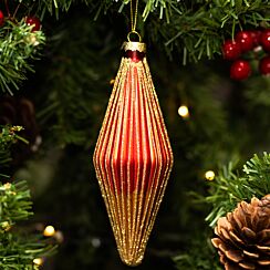 Red And Gold Ribbed Glass Teardrop Decoration