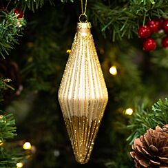 Cream And Gold Ribbed Teardrop Glass Decoration