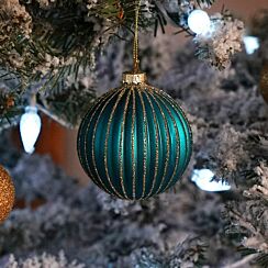 Turquoise Ribbed Glass Bauble with Gold Glitter Stripes