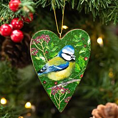 Bluetit Heart Wooden Tree Decoration