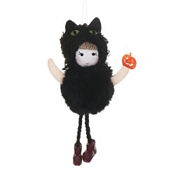 Fabric Girl in Black Cat Costume Halloween Decoration