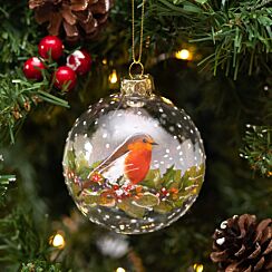 Robin On Wreath Clear Glass Bauble