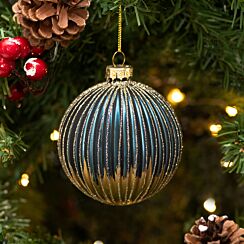 Blue & Gold Ribbed Glass Bauble