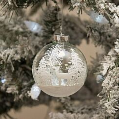 Clear Glass Bauble with White Trees & Stag Design