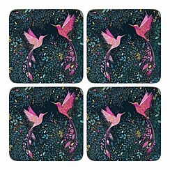 India Hummingbird Paradise Navy Set Of Four Coasters