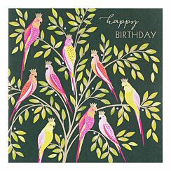 Pink Parrots in Crowns Birthday Card