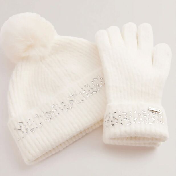 Ted Baker KERIIS Cream Rhinestone Detail Knitted Hat And Gloves Set Great British Brands USA