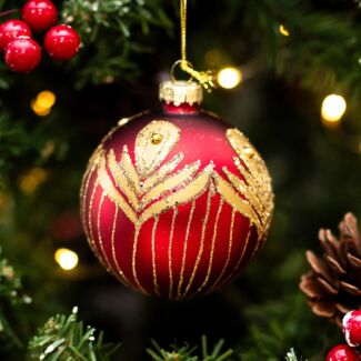 Red & Gold Peacock Feathers Glass Bauble