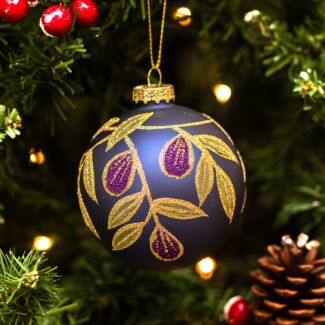 Matt Blue With Purple Beaded Fruits & Leaves Glass Bauble